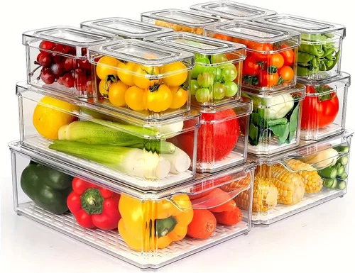 INNOVATIVE LIFE Paquete de 14 organizadores y almacenamiento para refrigerador, apilables, con tapas, contenedores de almacenamiento de frutas sin