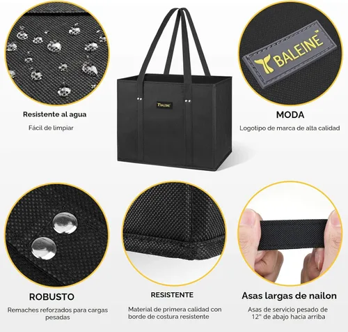 Miniatura 5 de BALEINE Paquete de 3 bolsas de comestibles reutilizables, bolsas de compras plegables para comestibles con parte inferior reforzada y asas (negro)