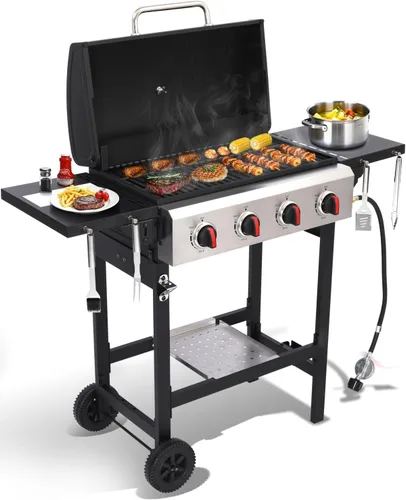 Miniatura 8 de Parrilla de gas propano con mesas laterales plegables, parrilla de gas de 3 quemadores con rejillas de hierro fundido y parrilla de acero