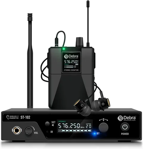 D Debra PRO ST-102 UHF Sistema de Monitoreo Intrauditivo Inalámbrico Estéreo, IEM Inalámbrico con Bodypacks y Auriculares, Transmisor y Receptor de