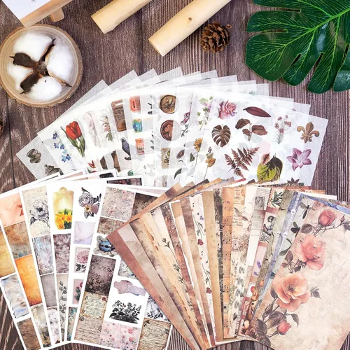 Juego de pegatinas Vintage Cottagecore - 38 hojas de pegatinas retro florales, botánicas y de animales de Washi y papel de scrapbook antiguo para