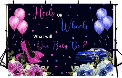 MEHOFOND Talones o ruedas de 7 x 5 pies, fondo de revelación de género, globos fucsia o azul, sorpresa de género floral, baby shower, fiesta, mesa,