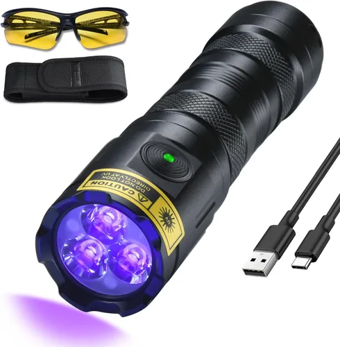 Miniatura 8 de DARKBEAM Linterna UV de 365 nm de luz negra, 3 linternas LED ultravioleta de 20 W, potentes lámparas de madera, luz UV recargable USB-C