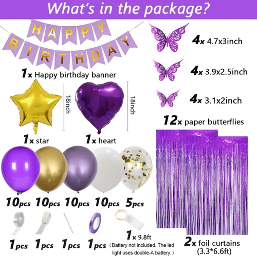 Miniatura 2 de Decoraciones de cumpleaños moradas para mujer con pancarta de feliz cumpleaños, cortinas, mariposa, globos de estrella de corazón y luz LED