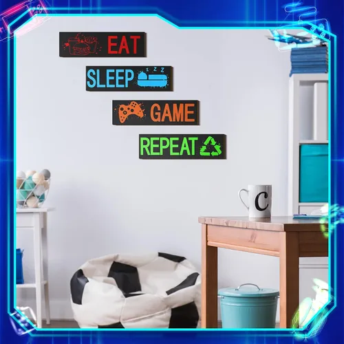 Miniatura 7 de Queekay 4 piezas de decoración de juegos para habitación de adolescentes y niños, pósteres de videojuegos de neón, impresiones artísticas de pared