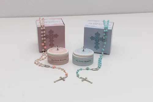 Miniatura 2 de Juego de regalo de bautismo católico de mis primeros rosarios azules y rosados con cajas de recuerdo a juego, regalos de bautismo de bebé para niña