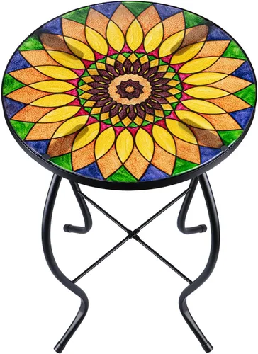 Miniatura 11 de VCUTEKA Mesa Auxiliar para Exteriores Mesa Auxiliar de Mosaico Mesa Auxiliar para Patio Mesa Auxiliar Pequeña con Tapa de Vidrio Mesa de Centro