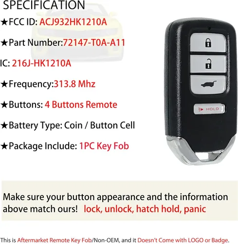 Miniatura 2 de MechanMagic llavero remoto de reemplazo para Honda CRV 2015 2016 control remoto inteligente de entrada sin llave ACJ932HK1210A 72147-T0A-A11