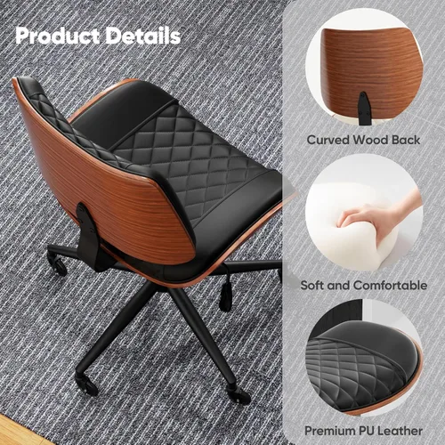 Miniatura 7 de Silla de escritorio de oficina en casa con ruedas giratorias, moderna silla de oficina sin brazos de piel sintética, pequeña silla de computadora