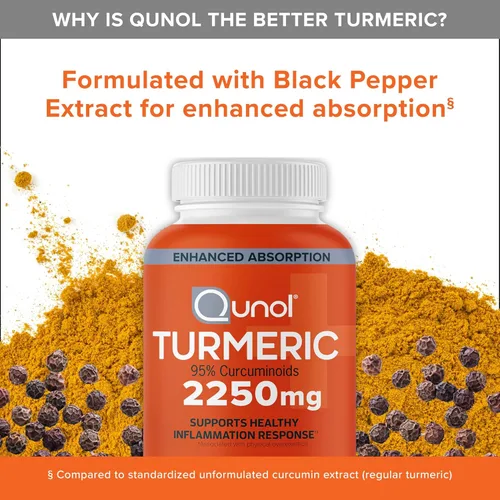 Miniatura 6 de Qunol Cúrcuma Curcumina con pimienta negra, 2250 mg de extracto de cúrcuma con 95% de curcuminoides, suplemento de cúrcuma extra fuerte, absorción