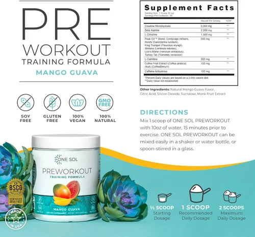 Miniatura 2 de One Sol Pre-entrenamiento para mujeres, mayor concentración y concentración, sin nerviosismo ni choque, ingredientes naturales, 100% vegano, sin