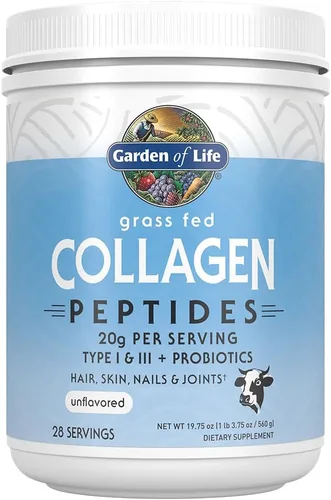 Garden of Life - Péptidos de colágeno en polvo a base de pasto – Polvo de colágeno insípido para mujeres hombres cabello piel uñas articulaciones,