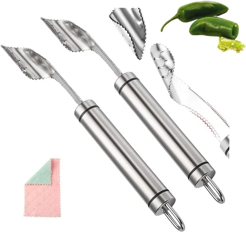 Miniatura 7 de Removedor de semillas de pimienta con paño de limpieza, removedor de semillas de frutas de acero inoxidable 304 con dientes dentados, herramienta