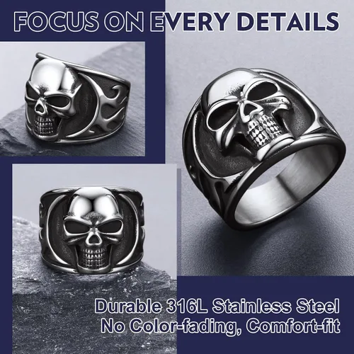 Miniatura 4 de Bandmax Anillos de calavera para hombre, de acero inoxidable, anillos de esqueleto de calavera para hombres y mujeres, anillos góticos punk