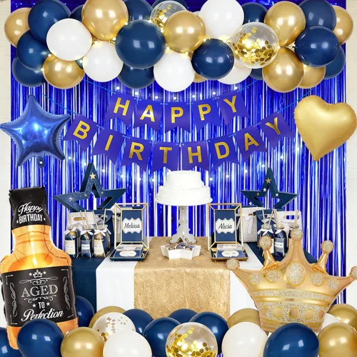 Decoraciones de cumpleaños azul marino para hombres con pancarta de feliz cumpleaños, cortinas, botella, corona, globos de estrella de corazón y luz