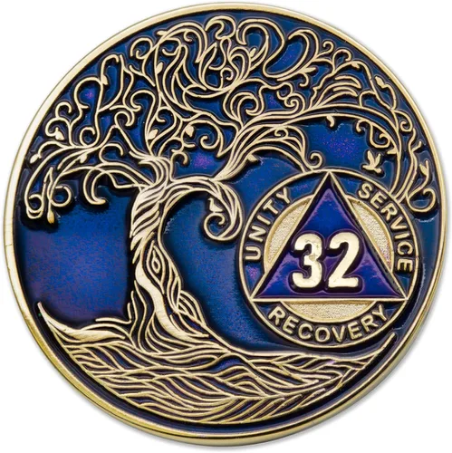 Miniatura 65 de 20 Year Sobriety Mint Twisted Tree of Life - Medallón de recuperación AA chapado en oro, fichas y fichas, color negro