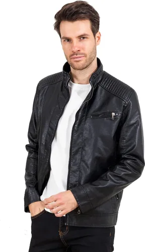 Miniatura 3 de VICALLED Chaqueta de cuero para hombre, ajuste delgado, cuello alto, chaqueta de motocicleta de poliuretano, ligera