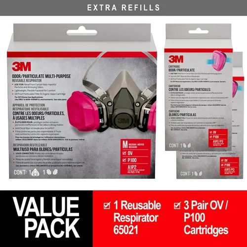 Miniatura 2 de 3M Paquete mediano de respirador reutilizable multiusos P100/OV para olores/partículas, cartucho de vapor orgánico aprobado por NIOSH y filtros