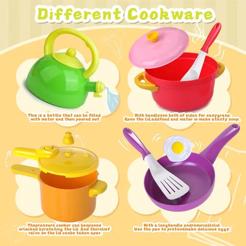 Miniatura 3 de Juego de cocina para niños, 66 juguetes de cocina para niños pequeños con ollas y sartenes, alimentos, utensilios, utensilios de cocina, juego