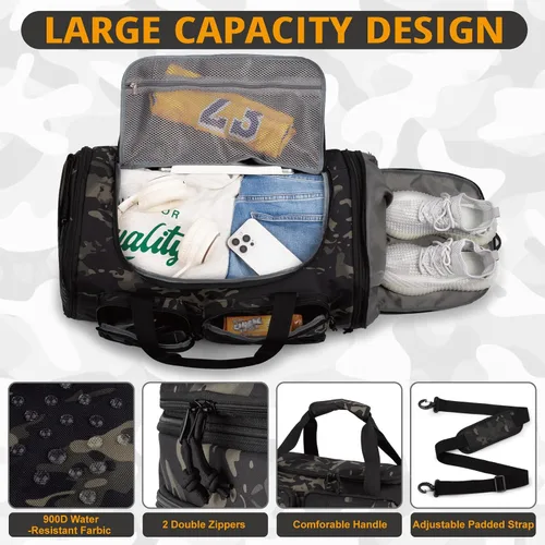 Miniatura 3 de Bolsa de gimnasio expandible para hombres, táctica grande 3 en 1, bolsa deportiva con compartimento para zapatos, resistente al agua, bolsa de mano