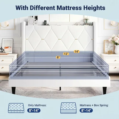 Miniatura 7 de Allewie Base de cama tapizada Velvet Queen con cabecera de almacenamiento con respaldo alado y estación de carga, cama de plataforma con diseño