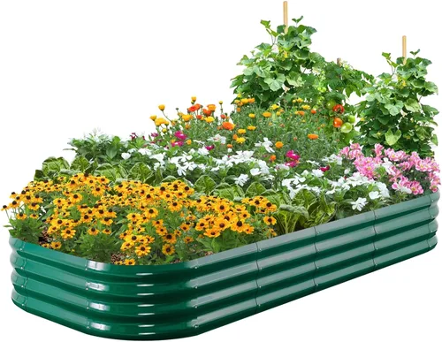 Miniatura 11 de Quictent - Juego de caja de maceta de jardín galvanizado elevada, 6x3x1 pies Caja de maceta de metal ovalada para verduras, Gris oscuro