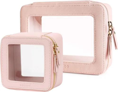 Miniatura 54 de Aveniee Organizador de bolsa de maquillaje transparente, bolsa de aseo de viaje para mujer, bolsa de cosméticos impermeable con cremalleras, Rosa