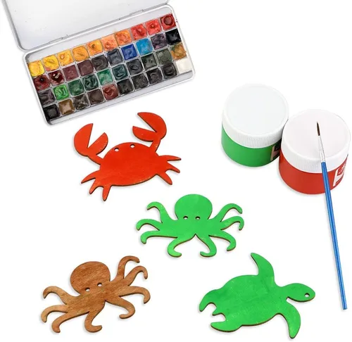 Miniatura 6 de Paquete de 48 recortes de madera sin terminar con formas de animales marinos del océano, pulpo, tiburón, ballena, delfín, tortuga, cangrejo