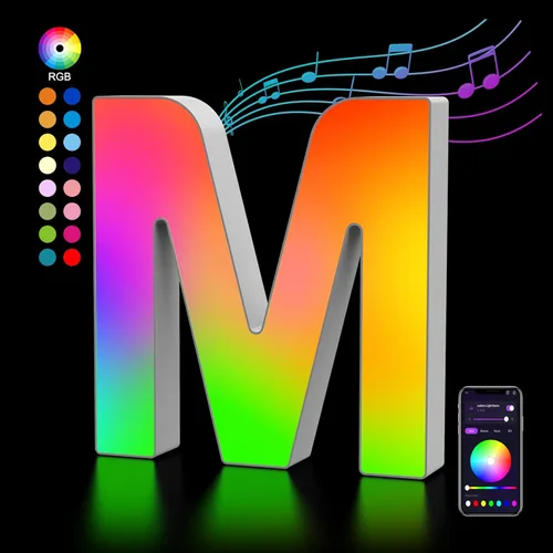 Miniatura 18 de OJQ Letras LED Iluminadas con Música Sincronizada de Letras del Alfabeto Coloridas - Luz de Dormitorio con Cambio de Color - Regalos de Cumpleaños