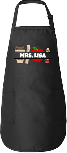 shop4ever Delantal personalizado con nombre de profesor de café, manzana, con bolsillos, regalo personalizable para profesores de arte, niños, Negro