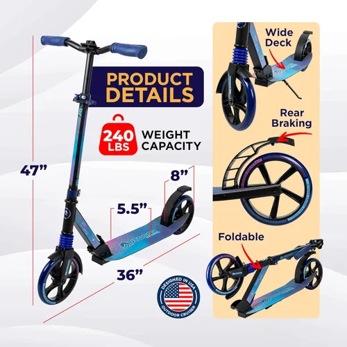 Miniatura 2 de Outdoor Cruiser Patinete para edades de 6+, para niños, adolescentes y adultos, carga máxima 250 LBS, plegable, ruedas grandes de 8 pulgadas, doble