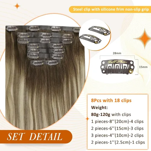 Miniatura 3 de Full Shine Extensiones de cabello humano real de 22 pulgadas con clip, balayage, color marrón degradado a rubio claro, mezcla de marrón, extensiones