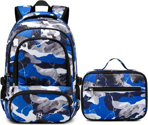 BLUEFAIRY Mochila para niños, bolsas de libros para escuela primaria, regalos de viaje, S-camo-azul-set