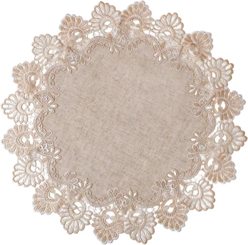 Miniatura 9 de Manteles europeos de encaje jacquard antiguo, pequeño, de lino bordado de granja, bufanda, mantel rústico (forma de flor, diámetro de 15.7 pulgadas)
