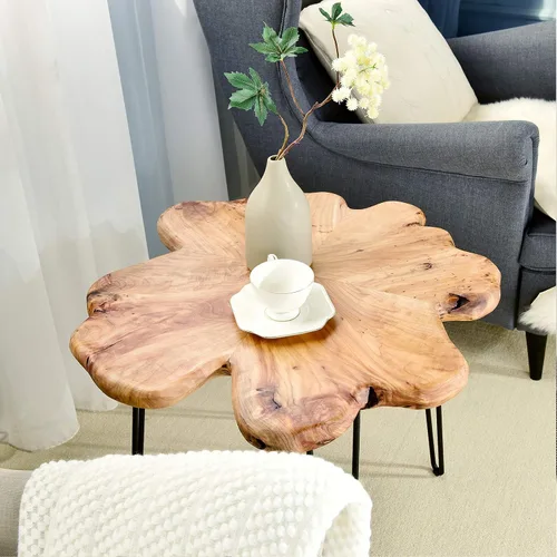 Miniatura 7 de WELLAND Mesa de Café de Cedro con Borde Vivo 81.3 cm x 81.3 cm x 52 cm Mesa Redonda Rústica para Sala de Estar, Patio, Dormitorio, Oficina en Casa