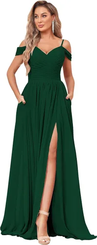 BOLENSYE Vestidos de dama de honor con hombros descubiertos y bolsillos, vestido de noche formal con abertura larga de gasa fruncida