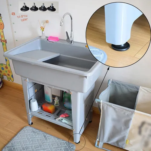 Miniatura 2 de Fregadero de plástico independiente con tabla de lavadero, fregadero utilitario para interiores y exteriores con grifo de agua fría y caliente