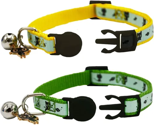 Miniatura 3 de Paquete de 2 collares para gatos que brillan en la oscuridad con campana, collares de seguridad para cachorros con colgante verde y amarillo