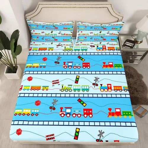 Miniatura 9 de Juego de sábanas bajeras ajustables para niños, diseño de caricaturas, camiones, tamaño individual, juegos de ropa de cama de excavadoras, camiones