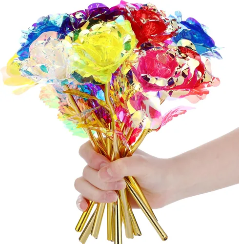 Miniatura 9 de Lyrow 12 rosas de galaxia con tallos, regalo para ella, rosa de cristal falsa preservada para siempre, 24 quilates, para decoración de cumpleaños