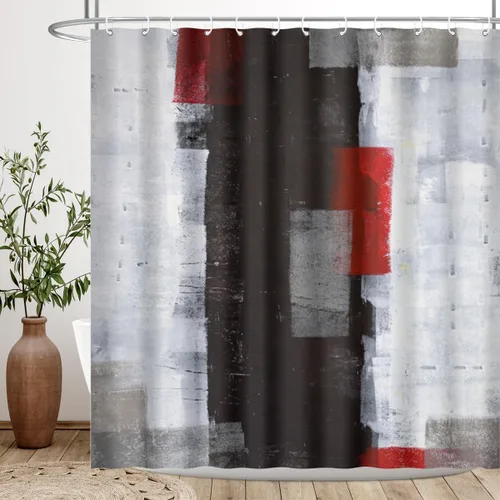 Cortina de ducha negra y roja, pintura abstracta gris, geometría de pared blanca, líneas modernas, obras de arte geniales, tela de poliéster