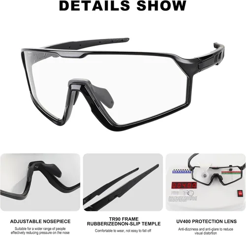 Miniatura 5 de BangLong Photochromic Cycling glasses for Men Women, Clear Running MTB Sunglasses UV Protection Marco negro fotocromático