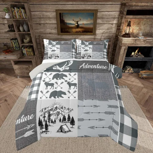 Miniatura 39 de Inserto de edredón retro de cabaña para niños, juego de edredón de retazos a cuadros para niños, adolescentes y adultos, juego de ropa de cama