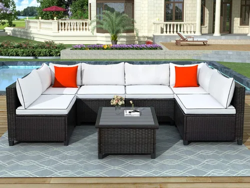 Miniatura 12 de Quarte Juego de muebles de patio de 4 piezas, sofá modular de mimbre de ratán PE para exteriores con acolchado y almohada, para porche, césped, Gris