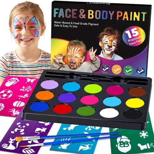 Drawdart Kit de pintura facial para niños, 15 colores, no tóxica, a base de agua, pintura facial con plantillas y pinceles, fiestas, cumpleaños,