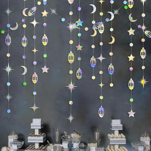 Decoración iridiscente de Eid Mubarak Ramadán colgante de arco iris, estrella, luna, círculo, punto de media luna, lámpara de guirnalda, banderín,