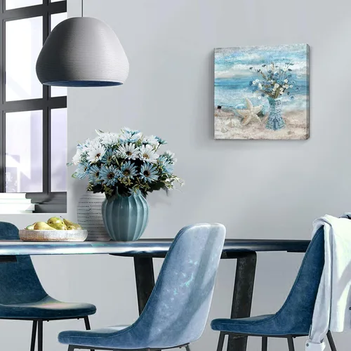 Miniatura 5 de Arte de pared para decoración de baño, imagen de playa azul, tema oceánico, impresión en lienzo de flores, pintura moderna de paisaje marino