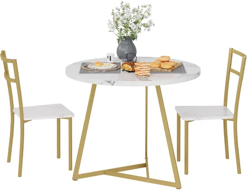 Miniatura 3 de SLKEVERSA - Juego de mesa de comedor pequeña para 2, mesa de cocina circular con 2 sillas tapizadas y respaldo, juego de mesa redonda de 3 piezas