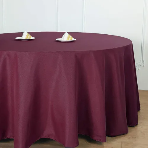 Miniatura 6 de 6 manteles redondos de poliéster de 132 pulgadas, color burdeos, manteles de tela lavable de 132 pulgadas para fiestas, bodas, recepciones, bufés