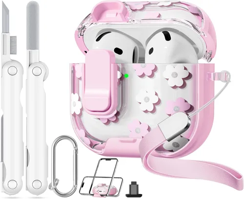 Miniatura 19 de con bloqueo de seguridad para funda de AirPods Pro 2ª 1ª generación, funda transparente floral linda para AirPods Pro 2 con soporte para teléfono